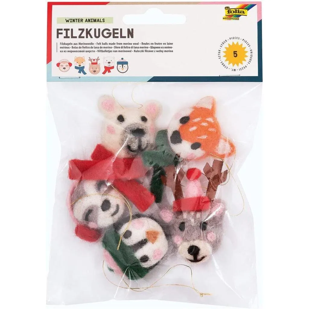 [5290] Folia Felt Balls Winter Animals 5 Pcs In 5 Motifs
