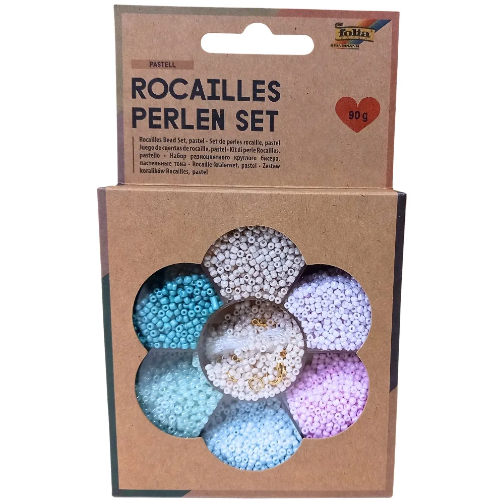 [12908] Folia Rocailles Beads Set, Pastel 90g Beads, 3x1m Nylon Thread, 3 Claps
