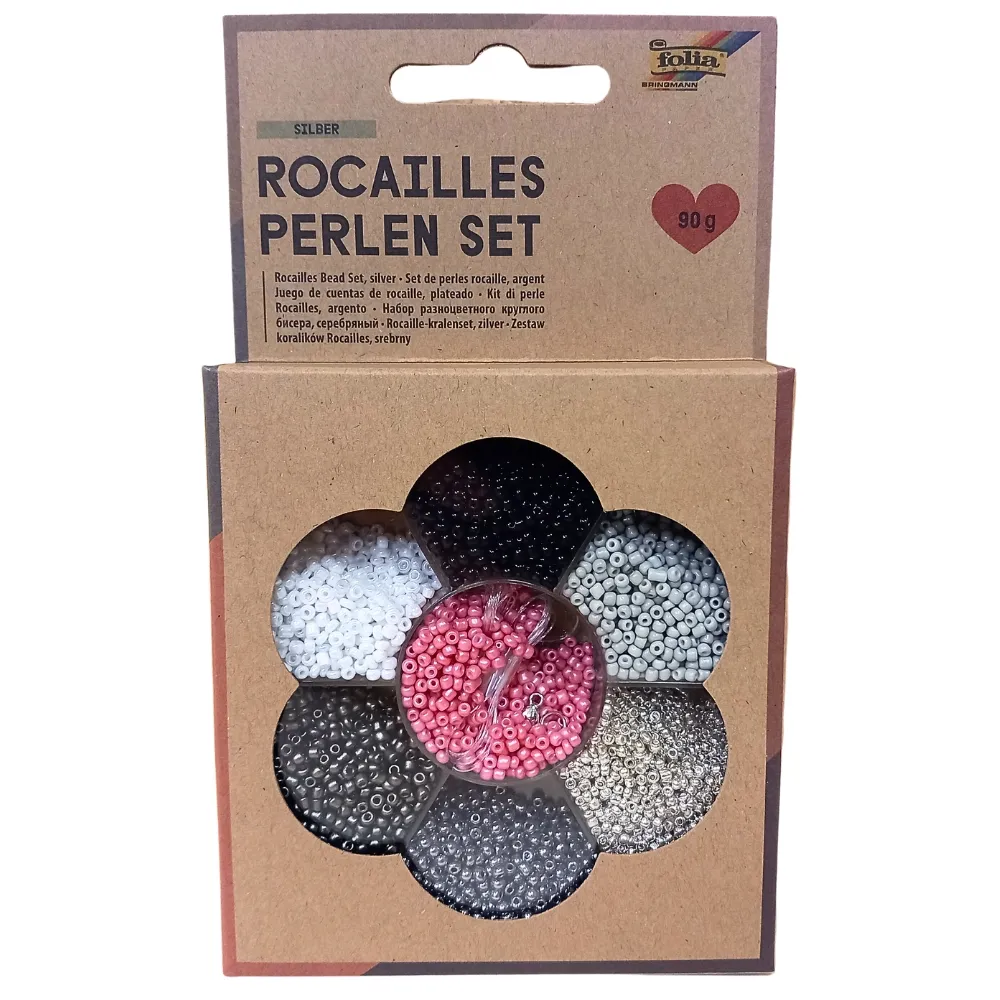 [12909] Folia Rocailles Beads Set, Silver 90g Beads, 3x1m Nylon Thread, 3 Claps