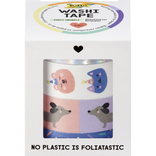 [26456] Folia Washi-Tape 4er-Set Hotfoil Party Animals 3x15mmx5m 1x5mmx5m