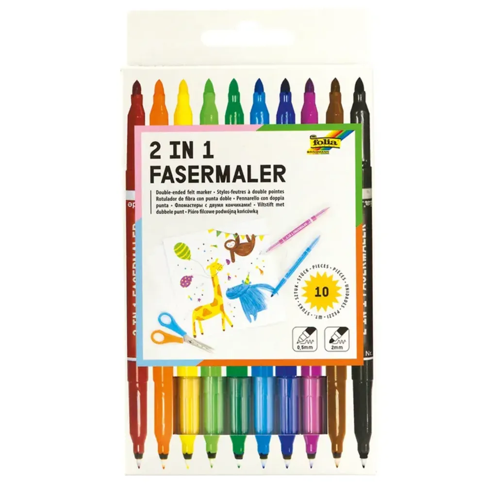 [381009] Folia Fibre Tip-Pens "2 in 1" 10 Pens, Assorted Colours