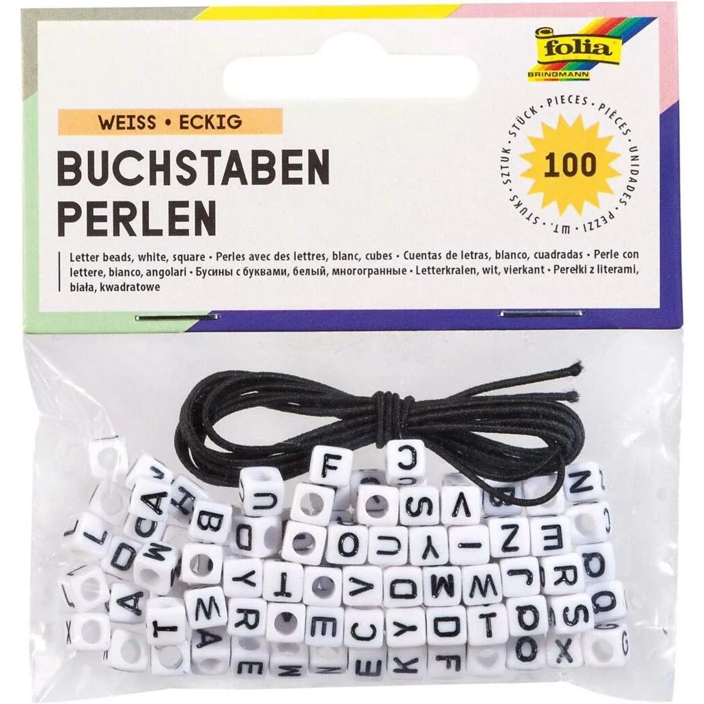 [33903] Folia Letter Beads, Square 100pcs, White, Incl. 1m Elastic Thread