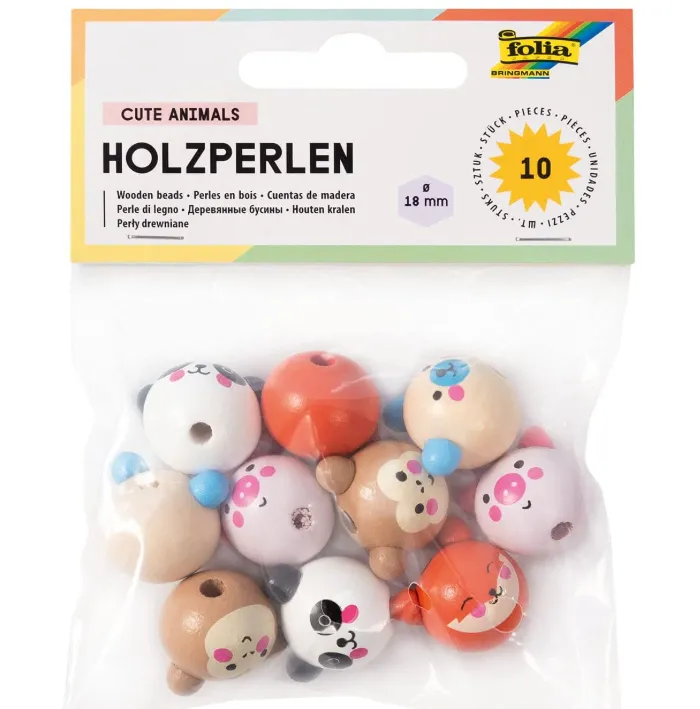 [22982] Folia Wooden Beads Cute Animals, 10 Pcs Assorted In 5 Designs, Diam. 18mm