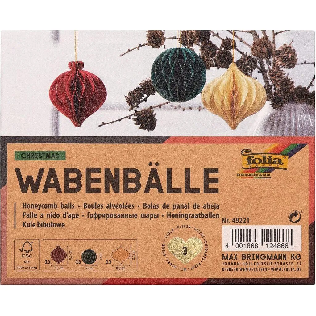 [49221] Folia Paper-Baubles Christmas, 3pcs Cream, Red & Green With Glitter, 7-8,5cm