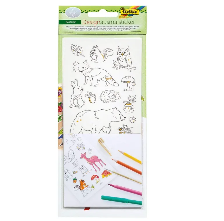 [1490] Folia Stickers To Colour Nature, Appx. 10x23cm 4 Sheets, Assorted Designs