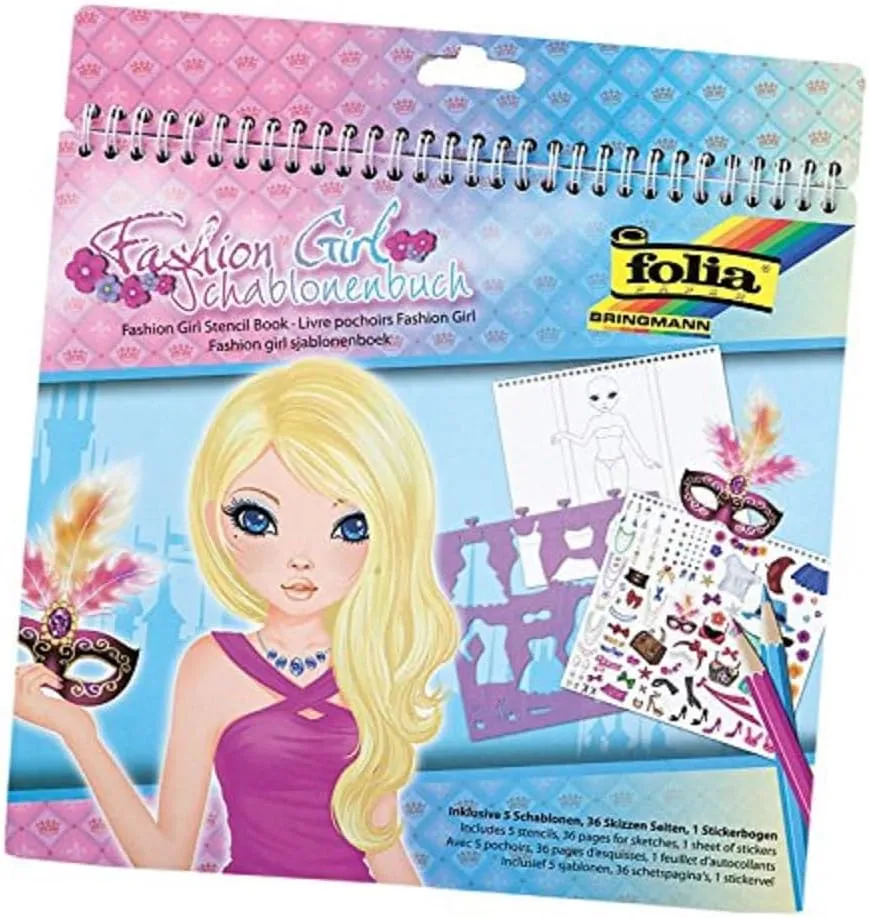 [41204] Folia Stencil Book Large - Fashion Girl 5 Stencils, 36 Pages For Sketches,1 Sheet Stickers