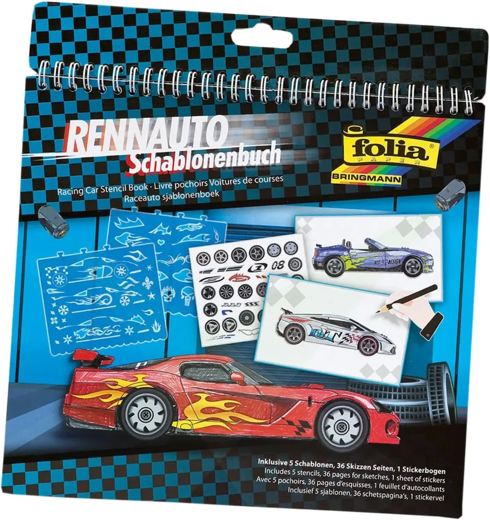 [41202] Folia Stencil Book Large - Racing Car 5 Stencils, 36 Pages For Sketches,1 Sheet Stickers