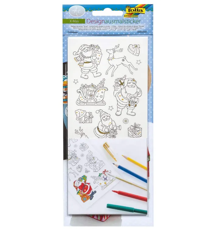 [1492] Folia Stickers To Colour X-mas, Appx.10x23cm 4 Sheets, Assorted Designs